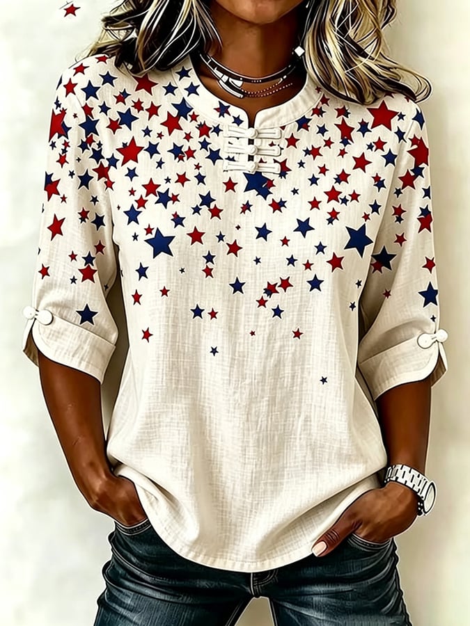 Women's Retro America's 250th Anniversary American Flag Print Button-Up Top