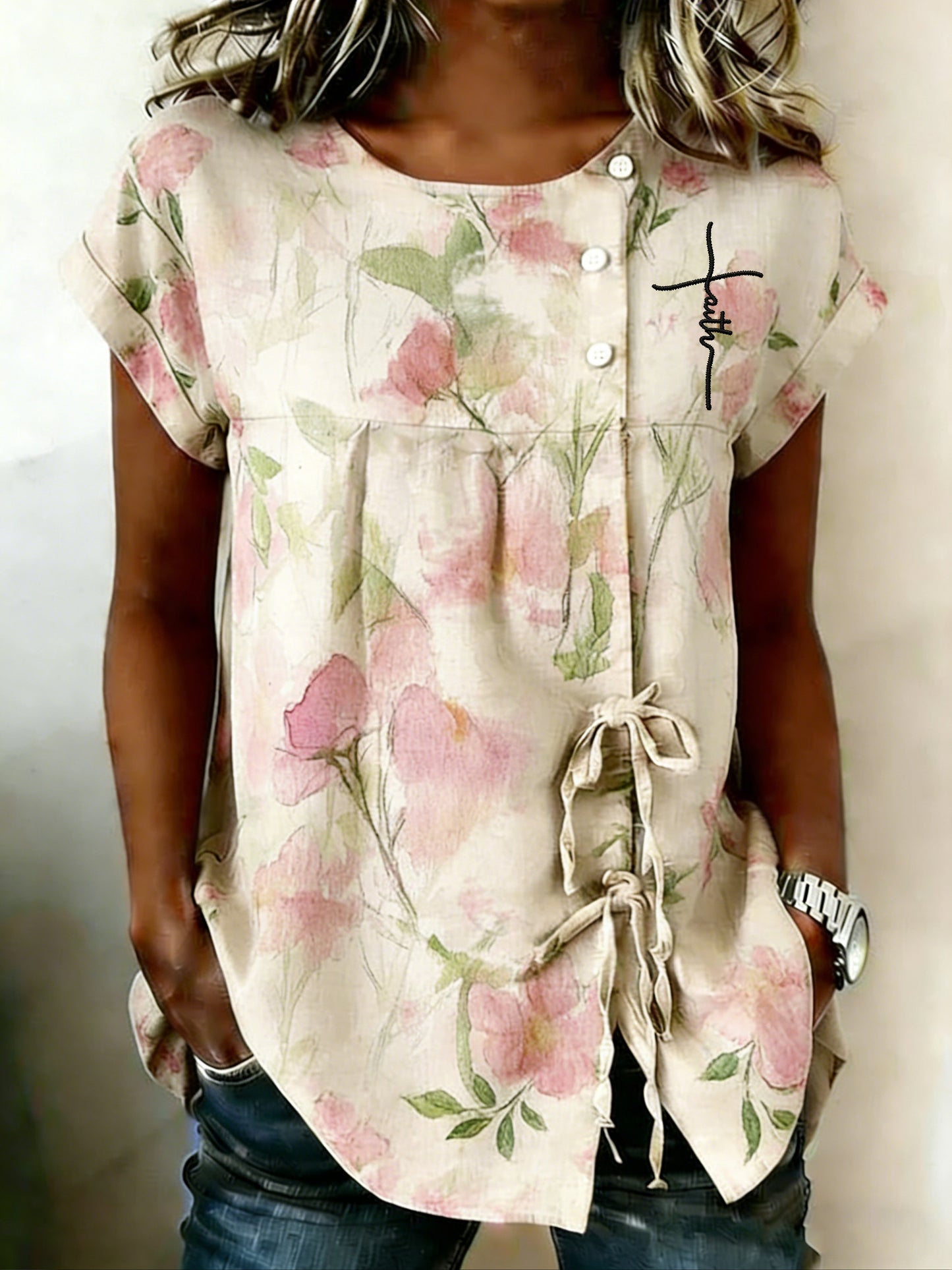 Women's Elegant Floral & Inspirational Print Faux-Linen Top