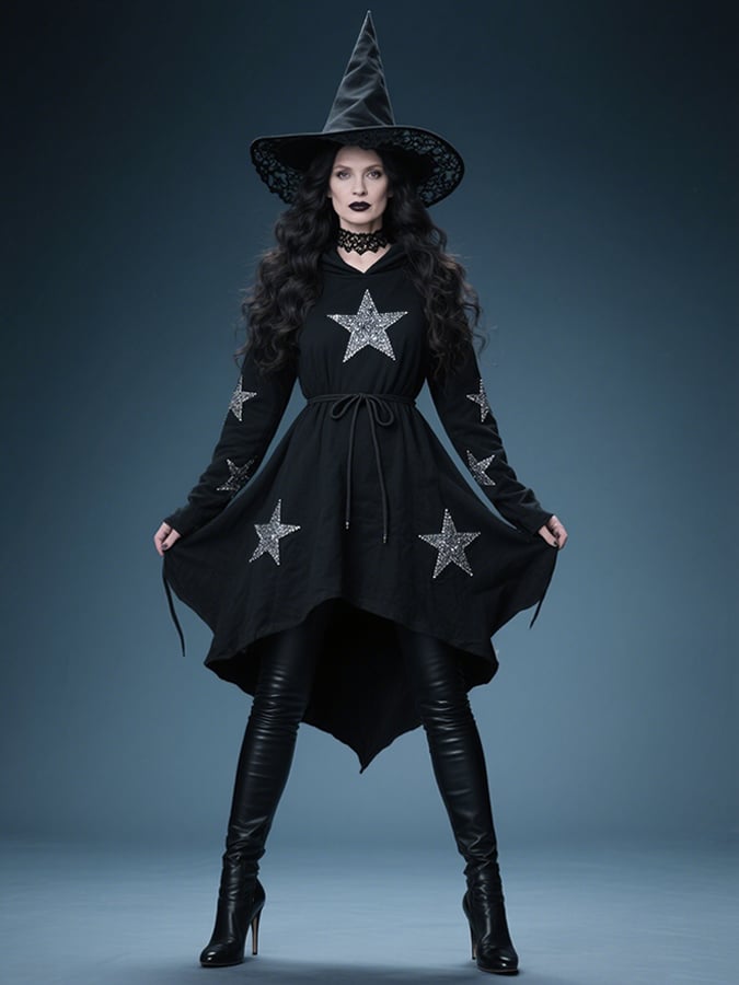 Women's Gothic Dark Star Print Hooded Dress