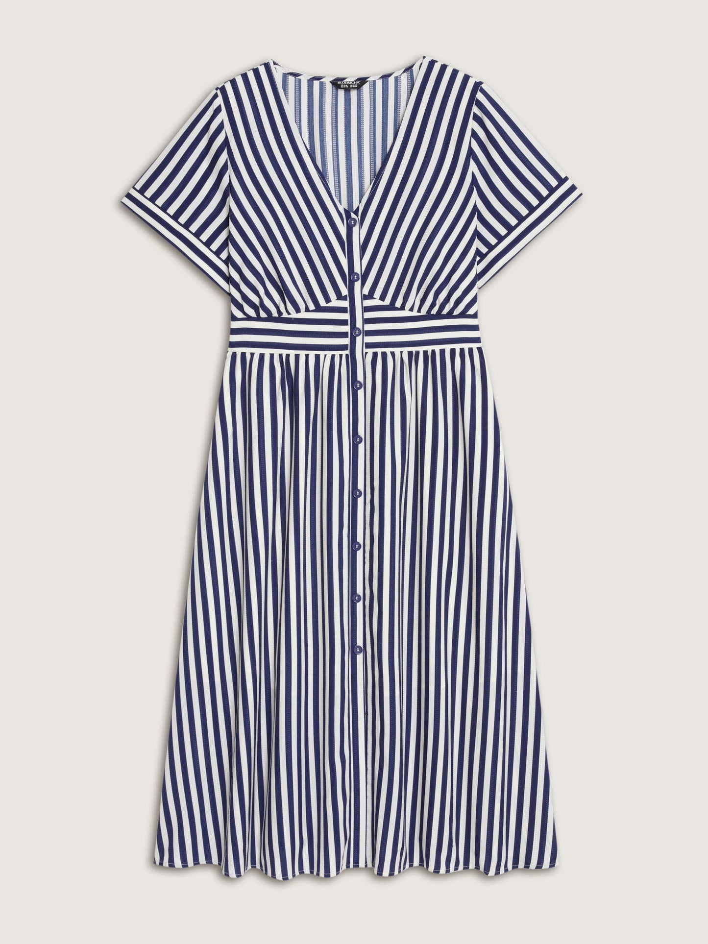 Striped Print Shirred Button Detail Midi Dress