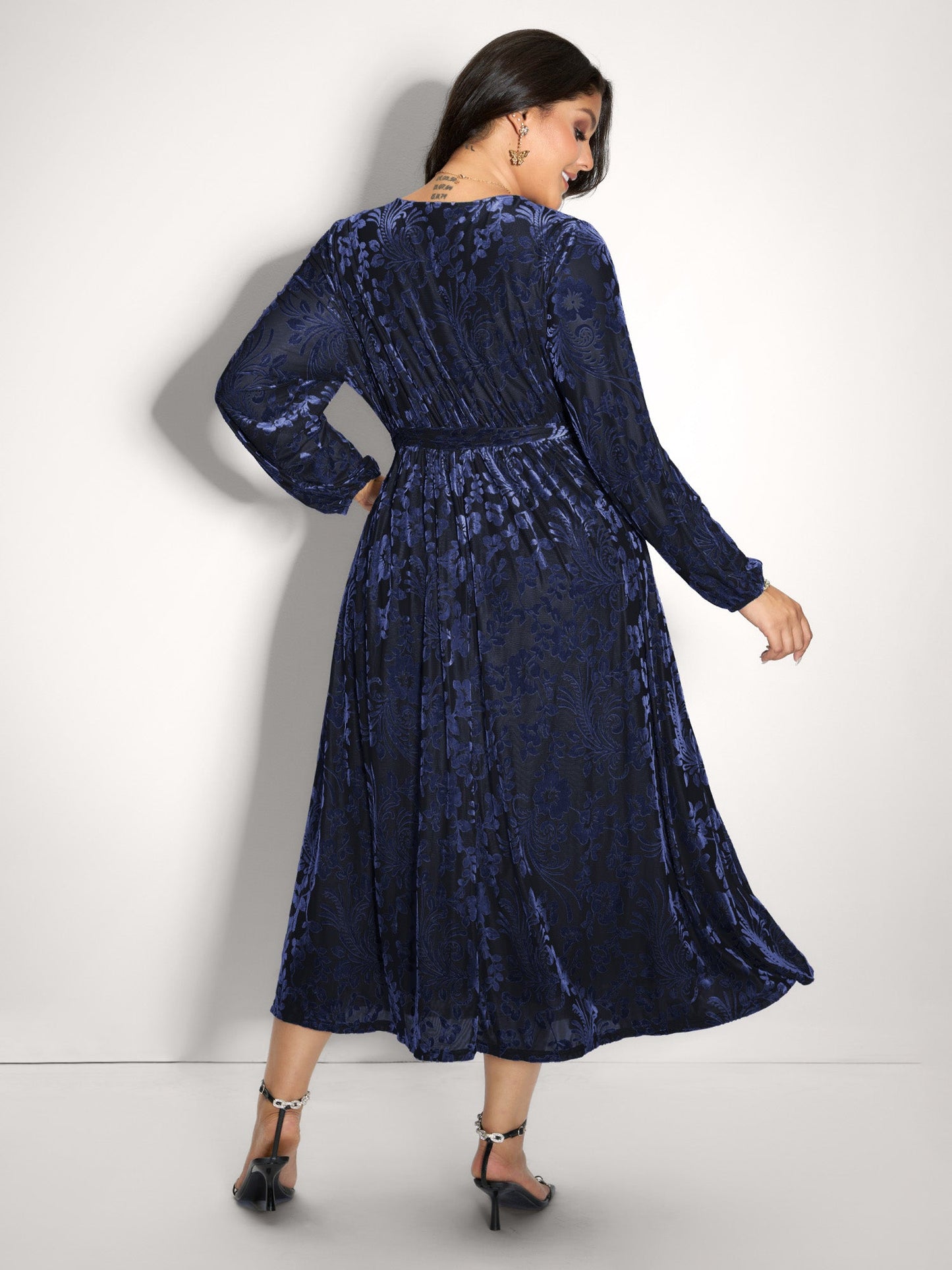 Laser-Cut Velvet Waist-Tie Maxi Dress