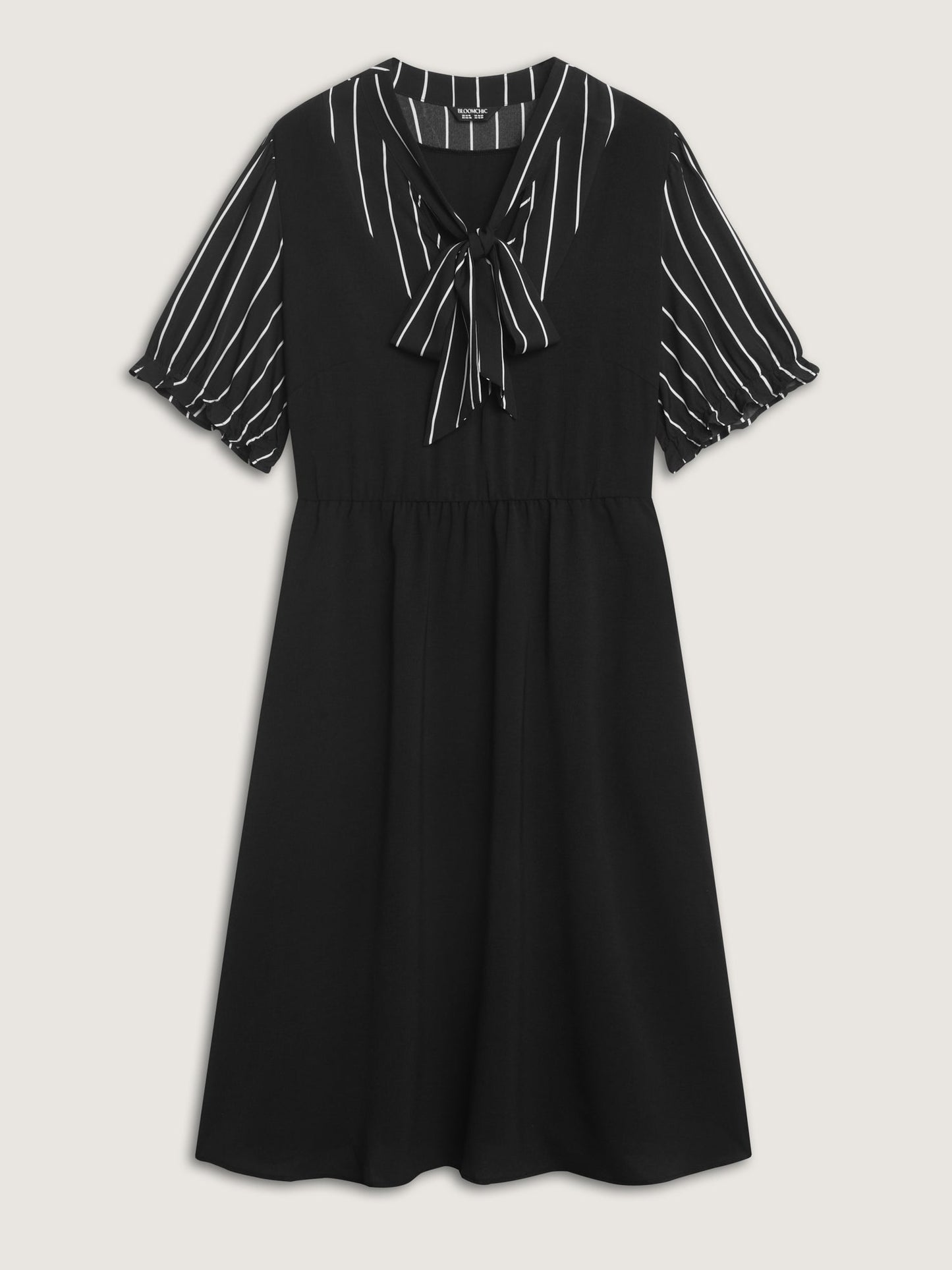 Striped Ribbon Neckline Contrast Midi Dress
