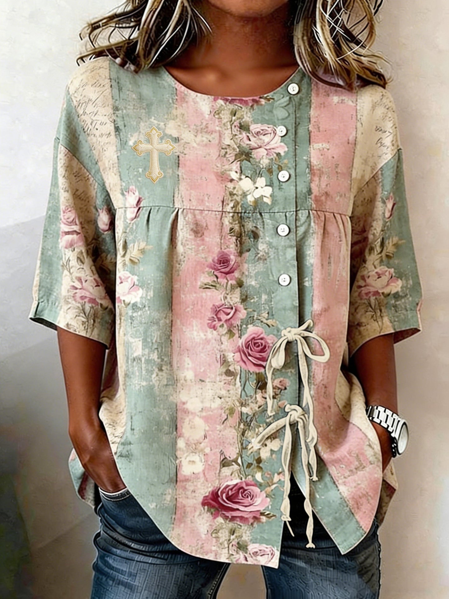 Women's Retro Faith Floral Print Top