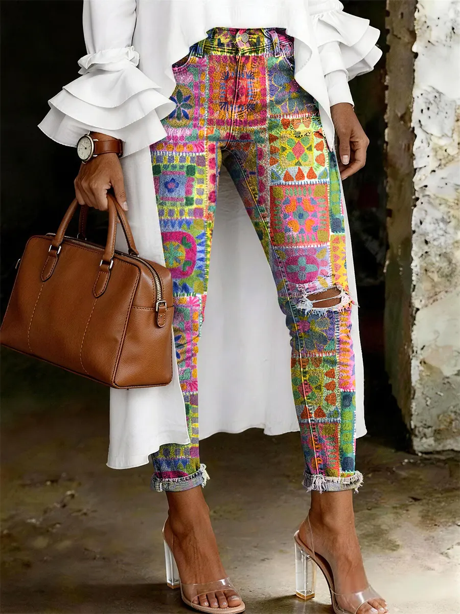 Women's Fashion Casual Multicolor Flowers Art Print Ripped Skinny Jeans