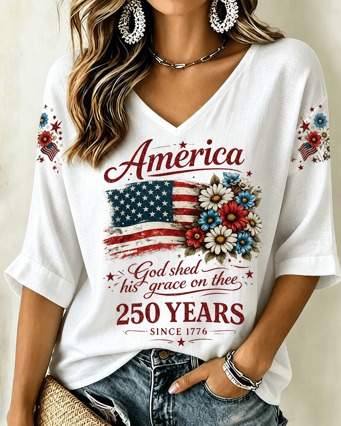 250th Anniversary Flag with Small Floral Print V-neck Half Sleeved Loose Top