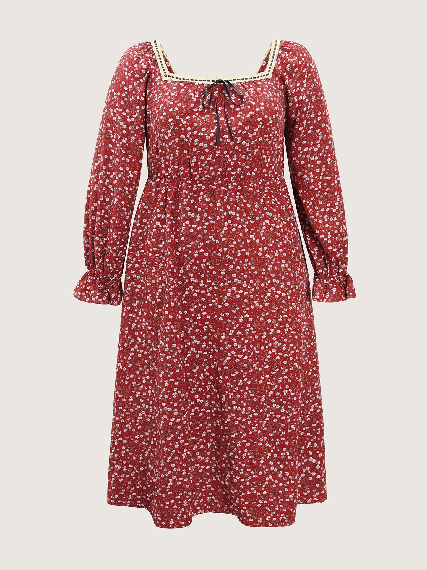 Floral Print Square Neckline Drawstring Midi Dress
