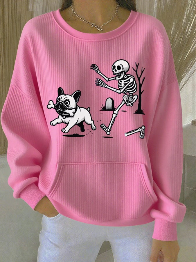 Halloween French Bulldog Skull Fun Print Casual Top
