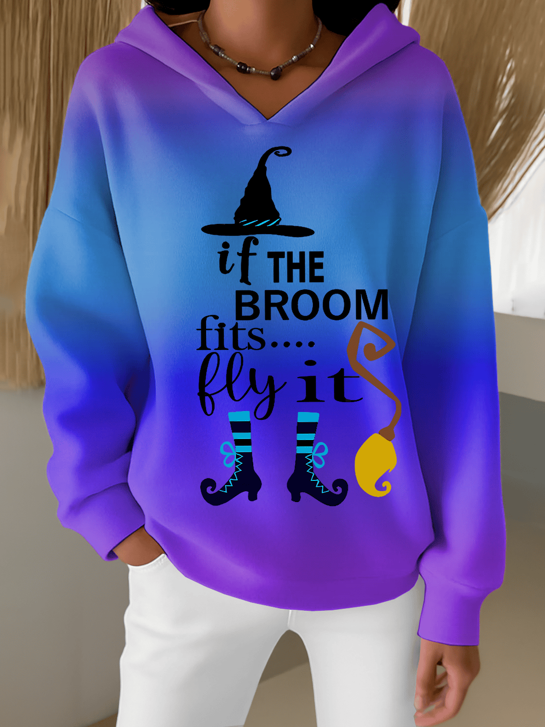 🔥HOT SALE🔥Women's Halloween Witch Print Furry Lined Hoodie