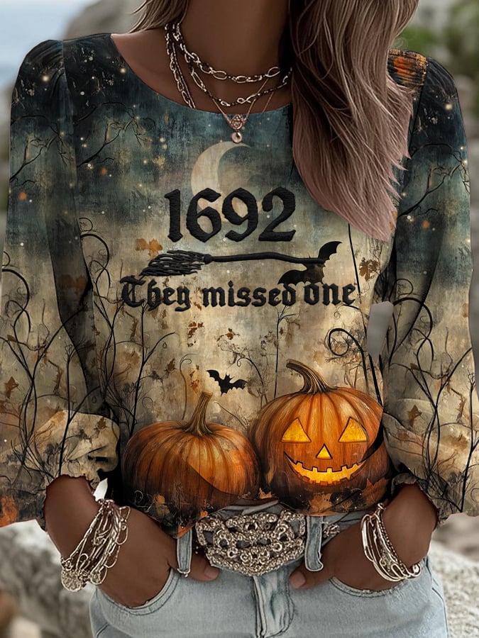 Women's 1692 They Missed One Print Round Neck Long Sleeve Linen Blend Shirt