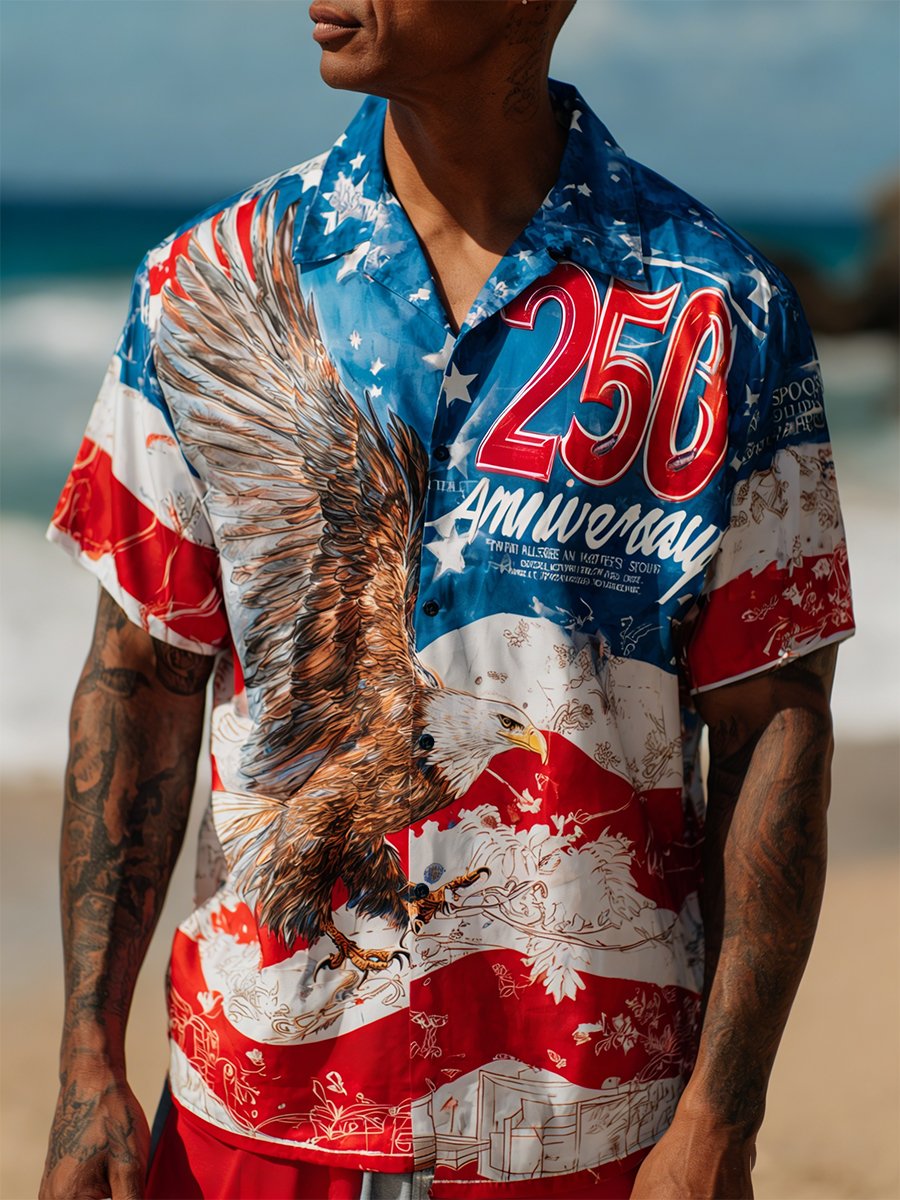 Men's Retro Vacation American 250th Anniversary Cuban Collar Short-Sleeved Shirt
