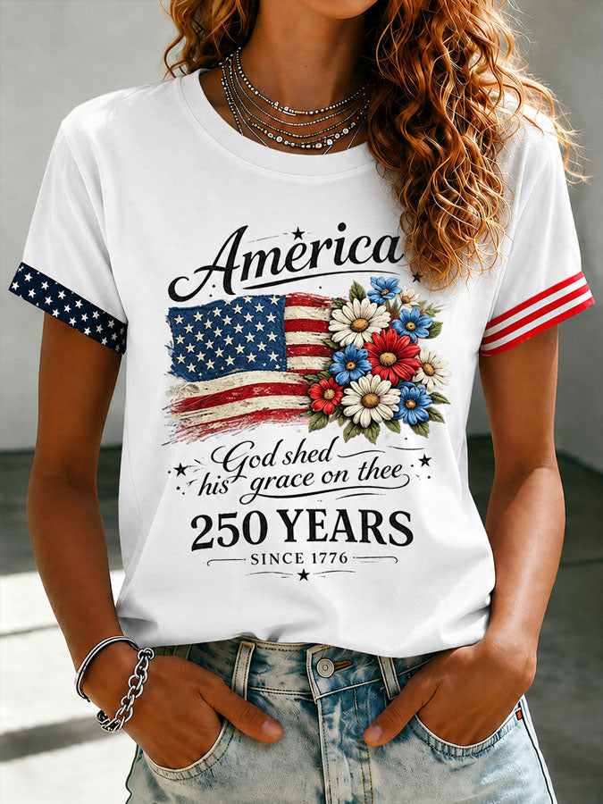 🔥Buy 3 Get 10% Off🔥Women's Floral American Flag Printed Casual T-shirt