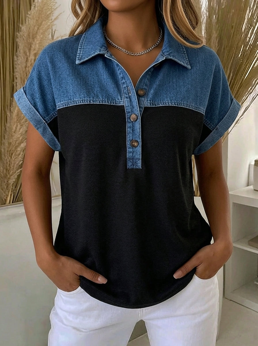 Women's Casual Denim Patchwork Short-Sleeve Top