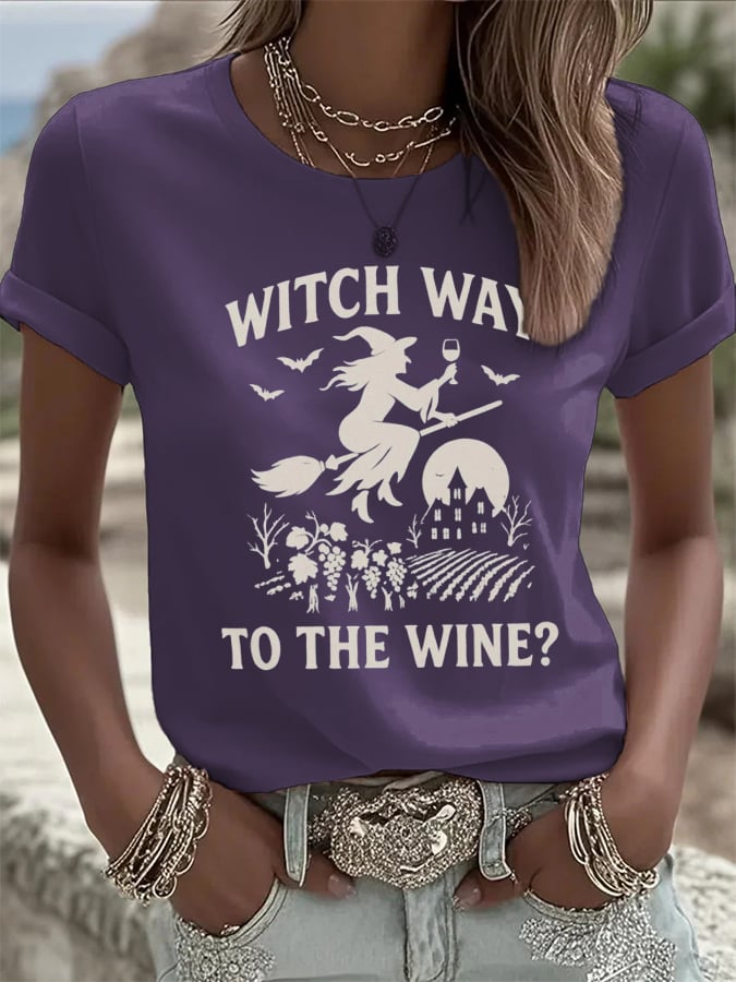 🔥HOT SALE🔥Women's Witch Way To The Wine Print Casual T-shirt