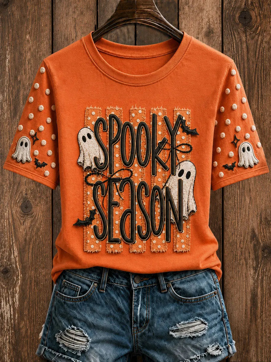 Women's Halloween Spooky Season Striped Ghost Short Sleeve T-shirt