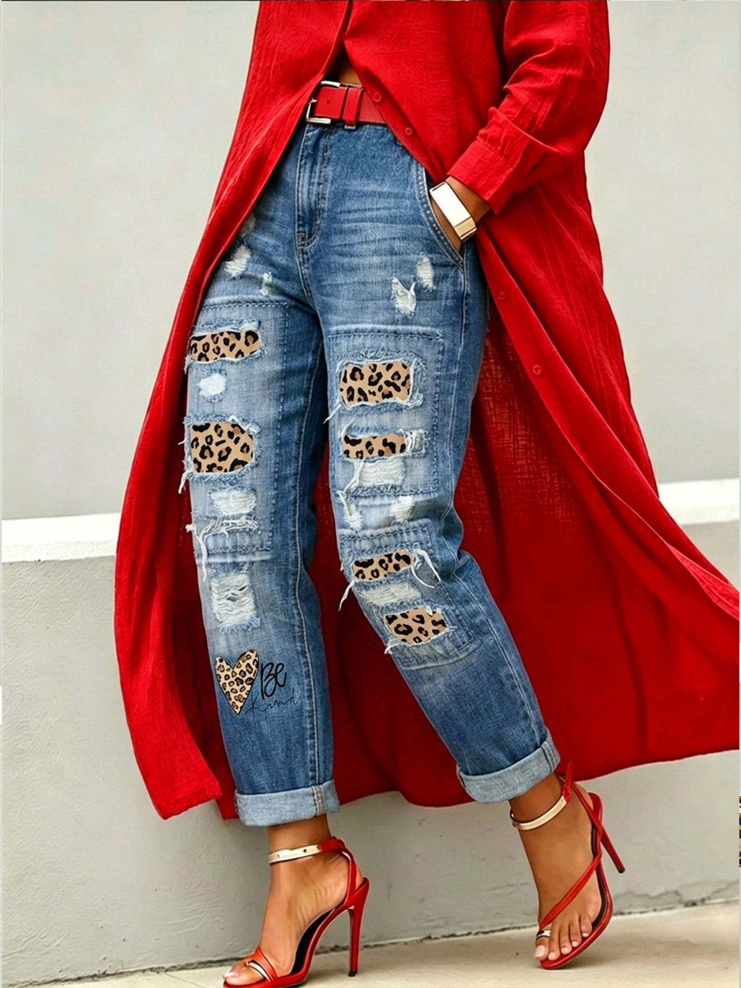 Women’s Stylish Leopard Patchwork Bekind Denim Pants