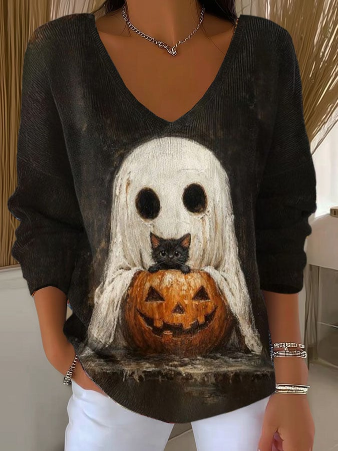 Women's Halloween Ghost Print Sweater