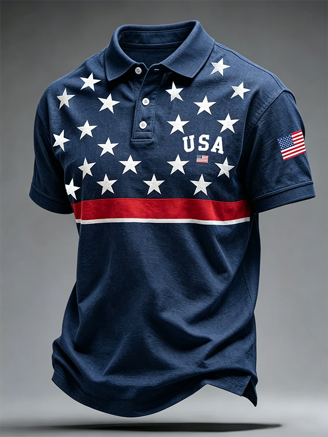 Men'S Casual USA Commemorative Embroidered Printed Lapel Shirt