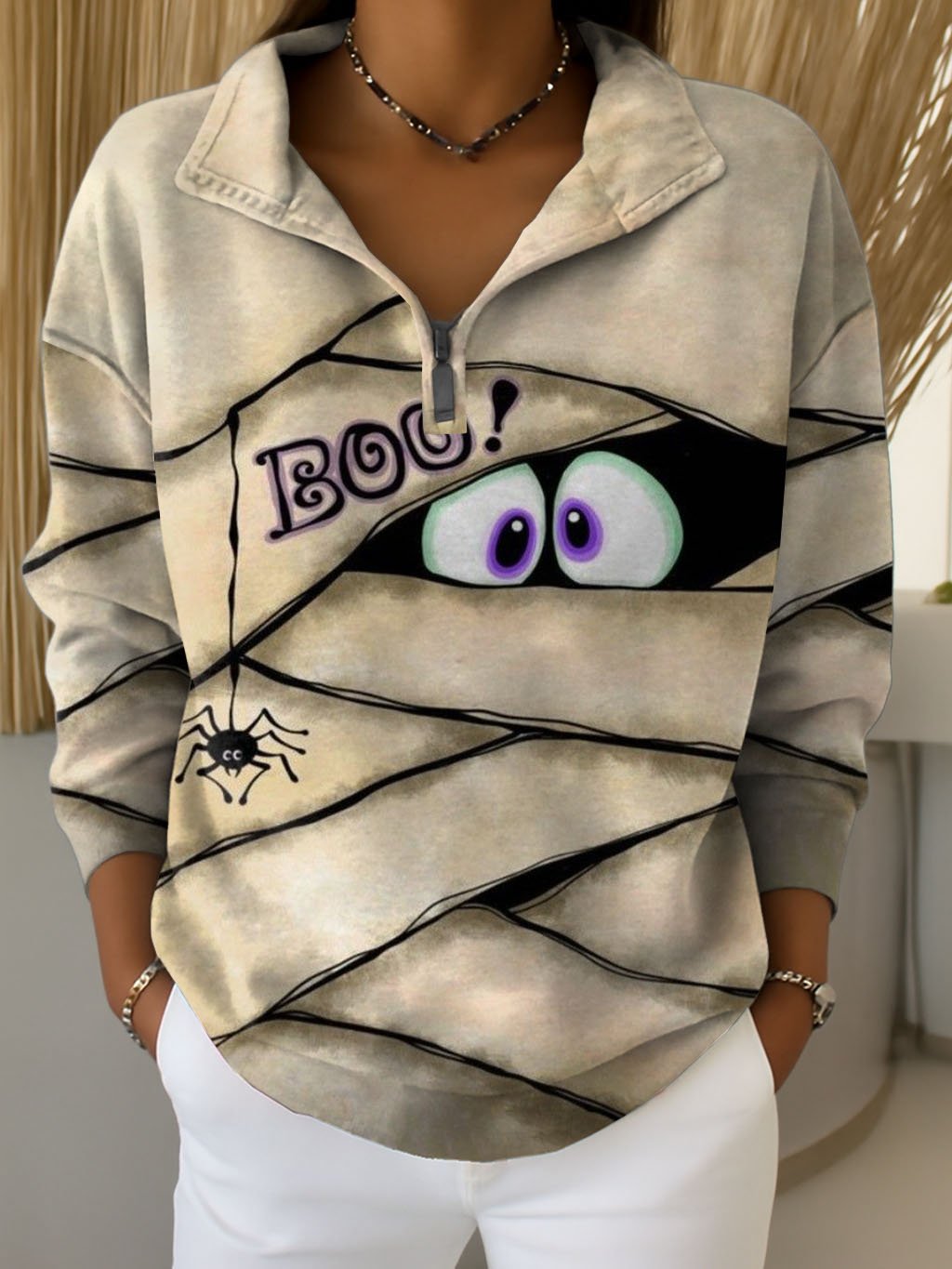 Women's Retro Halloween Peekaboo Monster Print Zipper Sweatshirt