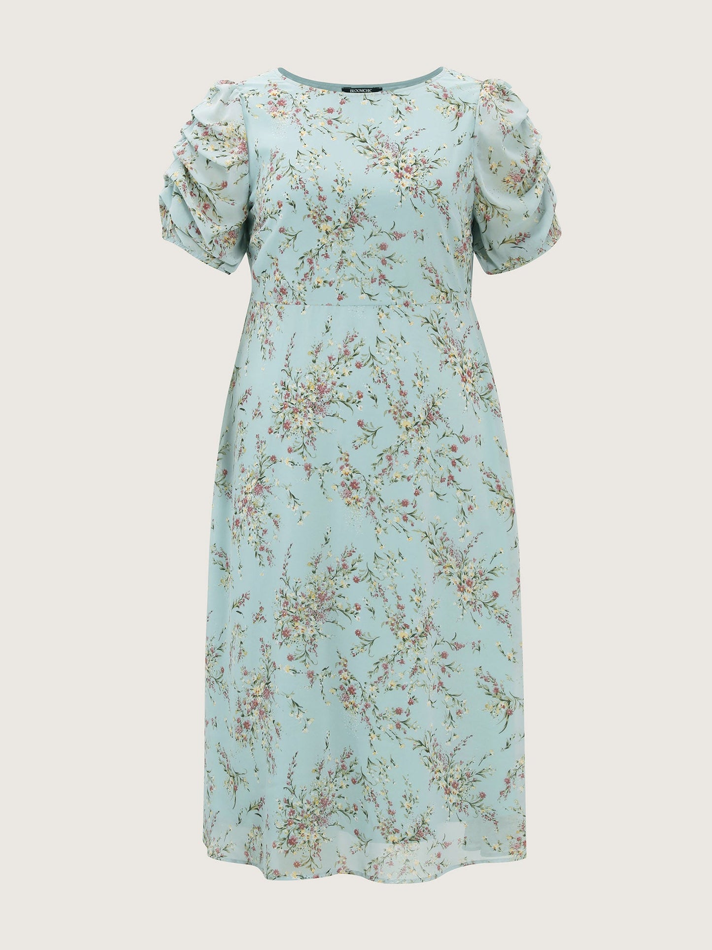 Floral Print Puffy Sleeve Midi Dress
