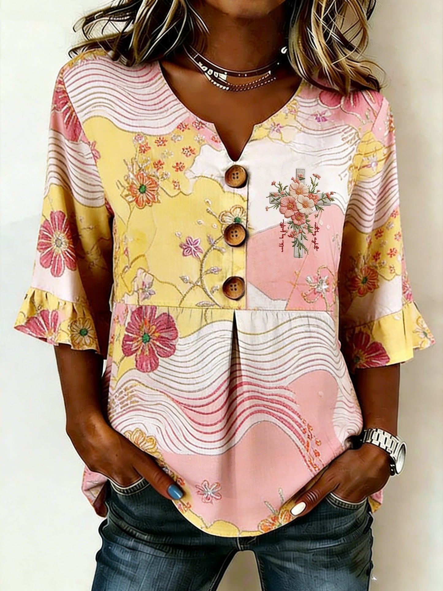 Women's Elegant Floral & Inspirational Print Faux-Linen Top