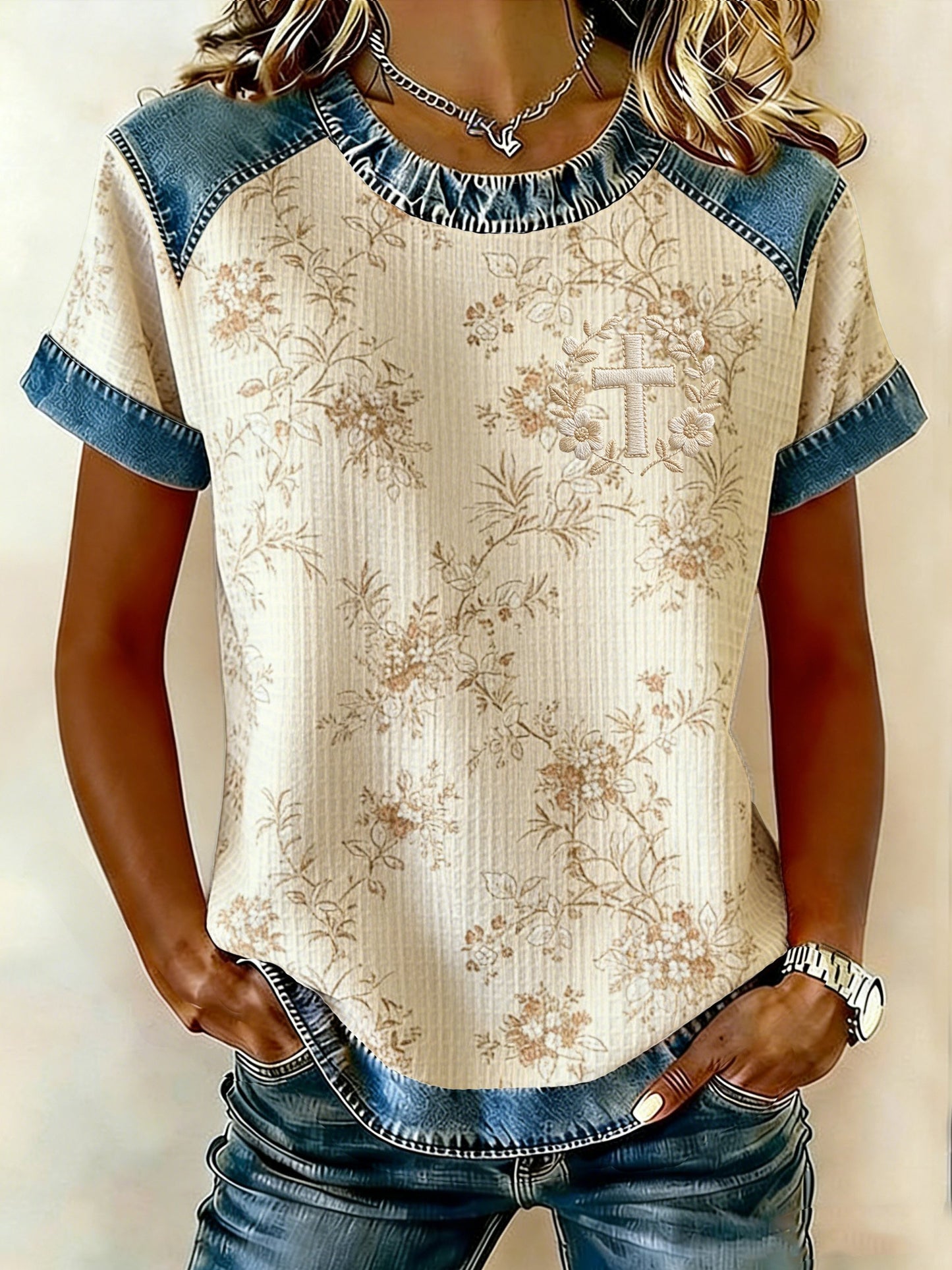 Women's Floral Print Faux Denim Casual Top