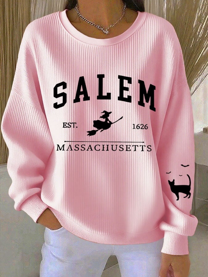 🔥Buy 2 Get 10% Off🔥Women's Halloween SALEM EST. 1626 MASSACHUSETTS Print Crew Neck Long Sleeve Top