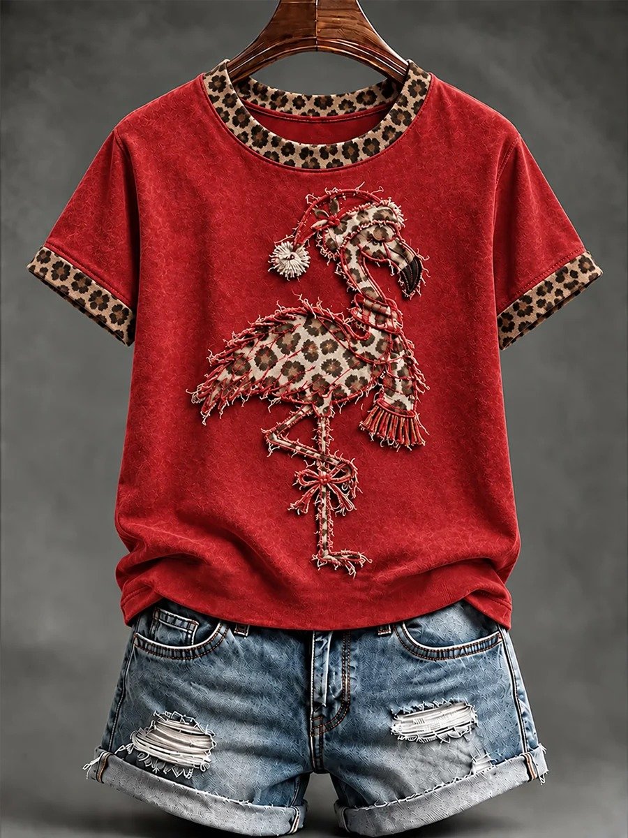 Women's Christmas Leopard Flamingo Print Casual Tee