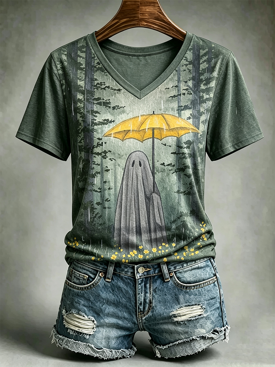 Women's Vintage Spider Art V-neck Short Sleeve Linen T-shirt