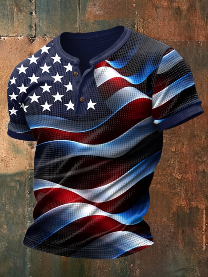 Men's Retro Flag Print Waffle Button T-Shirt
