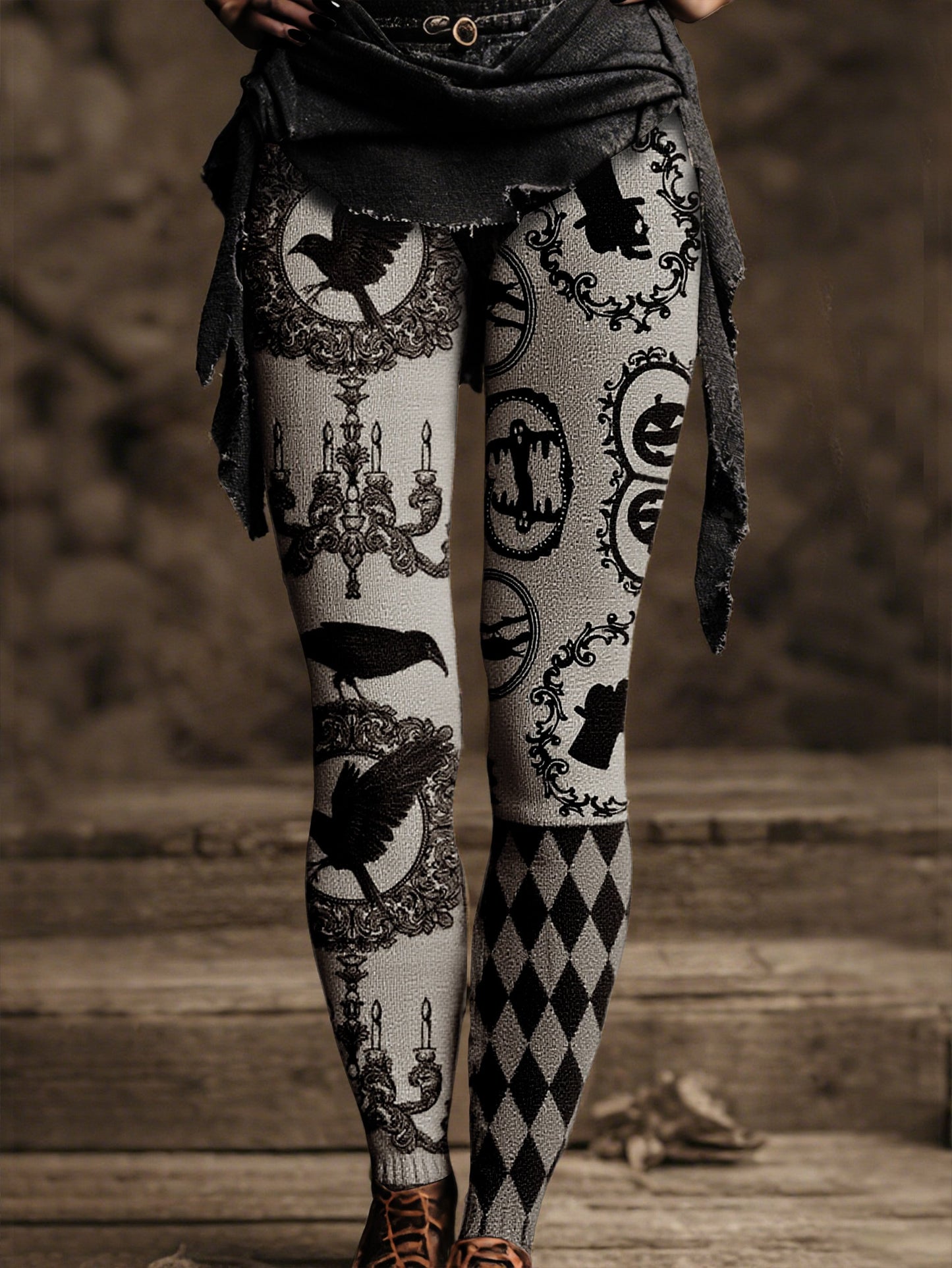 Women's Vintage Medieval Crow and Pumpkin Print Pants