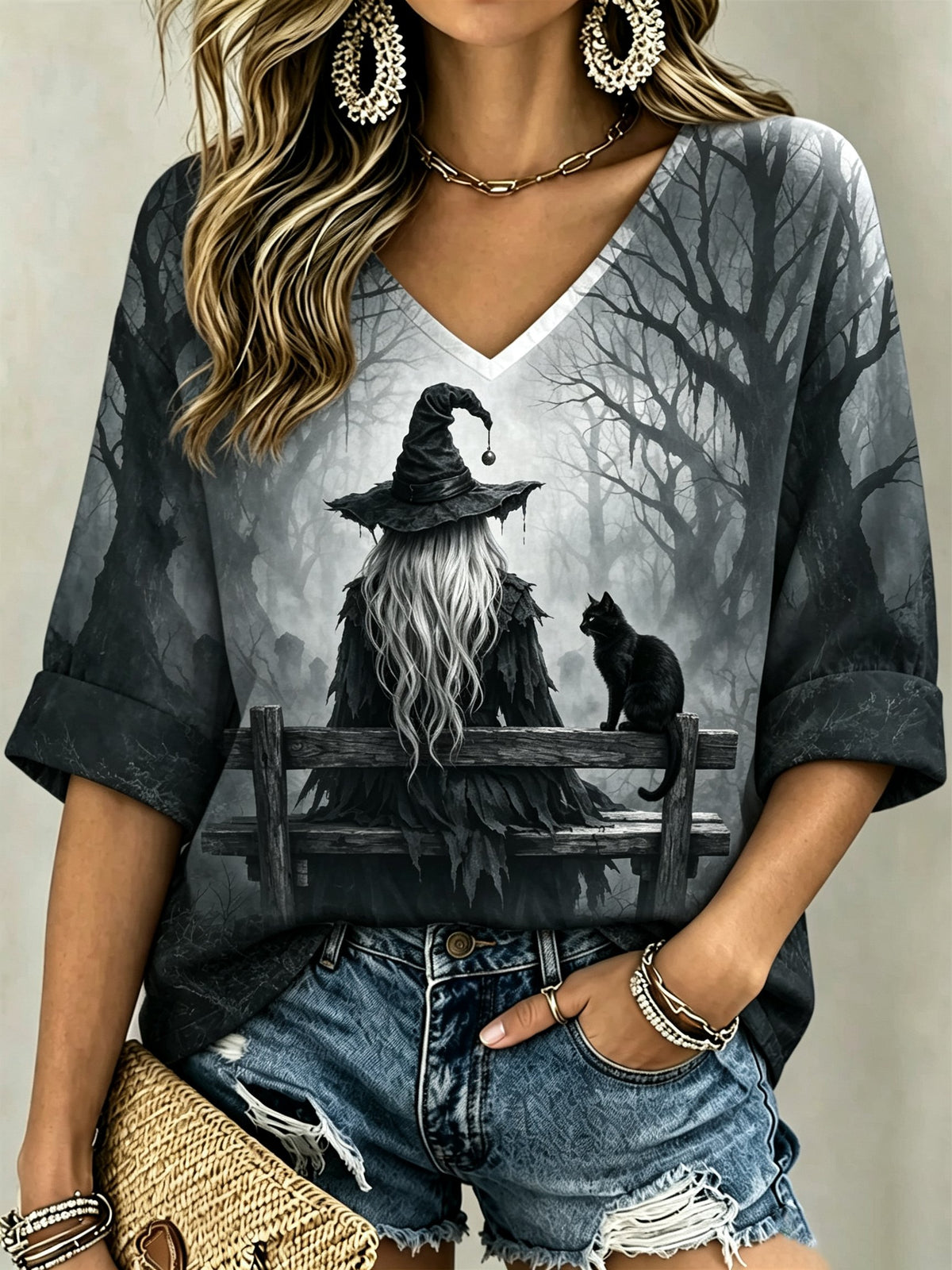 Women's Halloween Witch And Black Cat Print T-Shirt