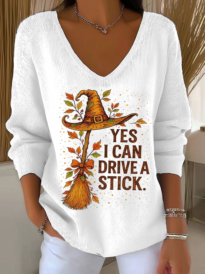 🔥HOT SALE🔥Women's Yes I Can Drive A Stick Print V Neck Sweater