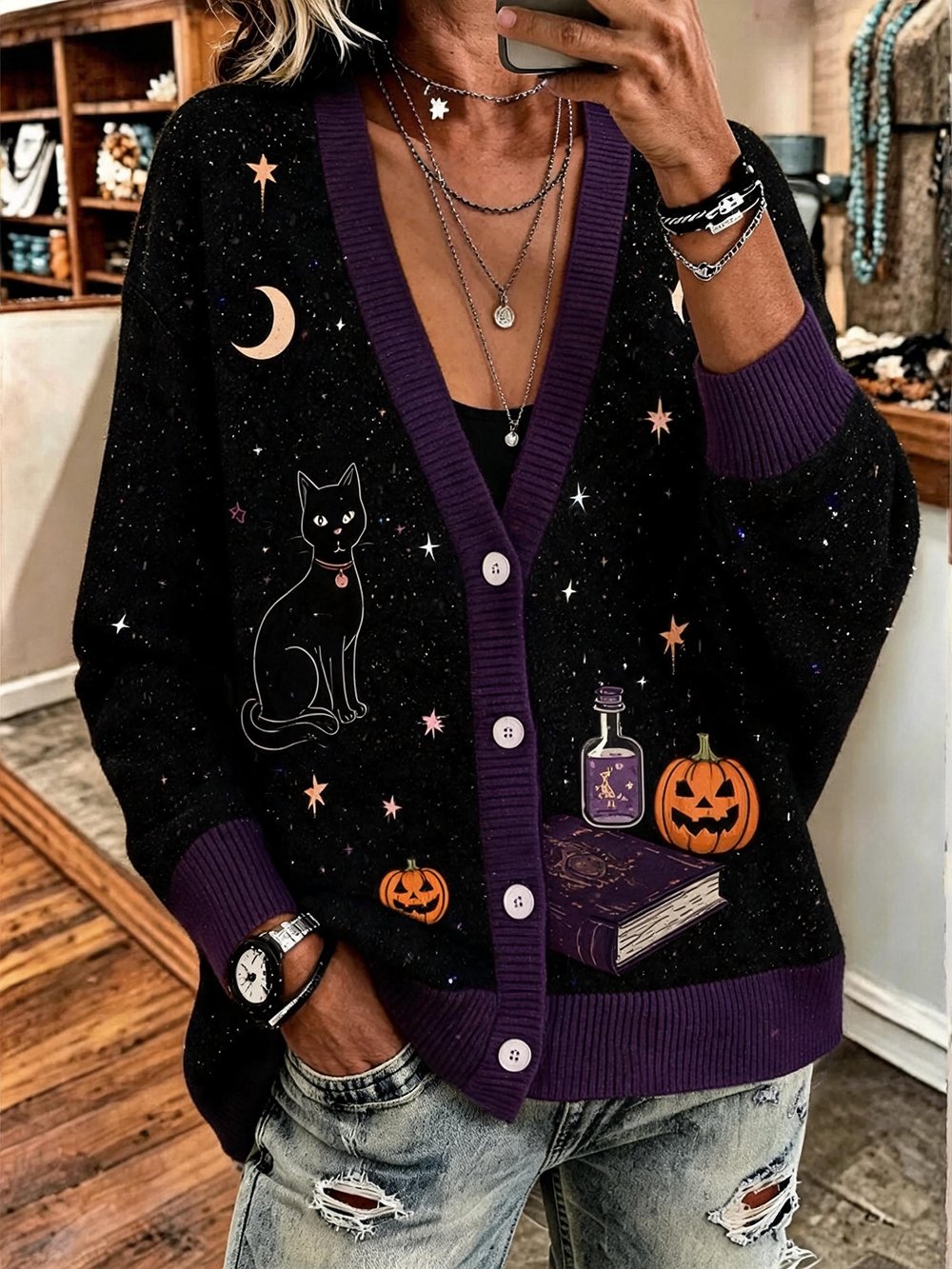 Women's Vintage Halloween Print Long-Sleeve Cardigan