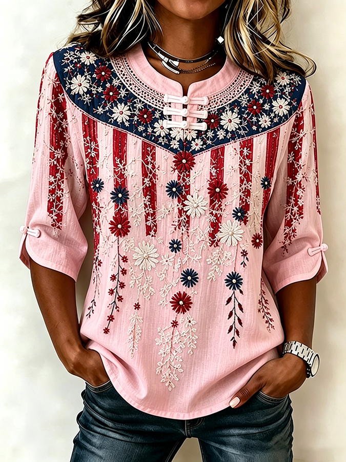 Women's National Flag Floral Print Cotton Linen Top
