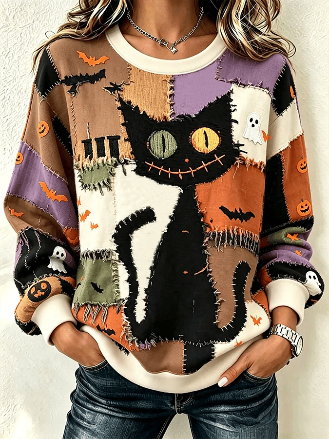 Women's Halloween Cat Print Sweatshirt