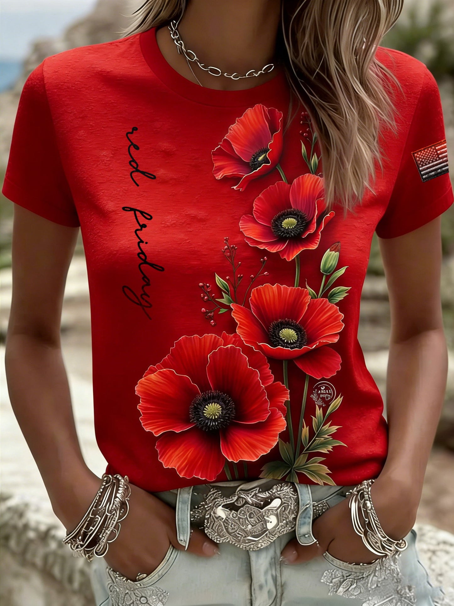 Women's Memorial Day Print Casual Crew Neck Top