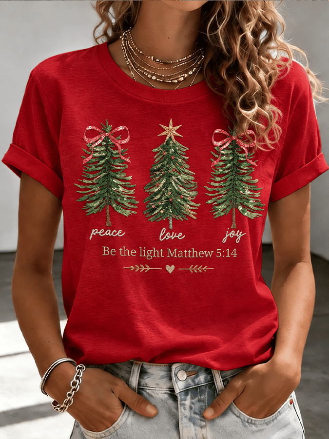 Women's Christmas Comfortable Round Neck Pure Cotton Short-Sleeve T-Shirt - 'Peace, Love, and Joy'