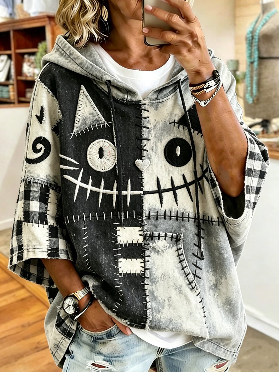 Women'S Halloween Patchwork Cat Print Casual Hoodie