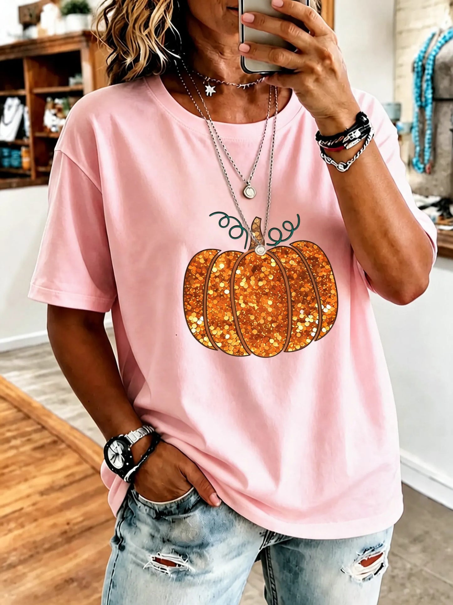 Women's Halloween Floral Pumpkins Print Cotton T-Shirt