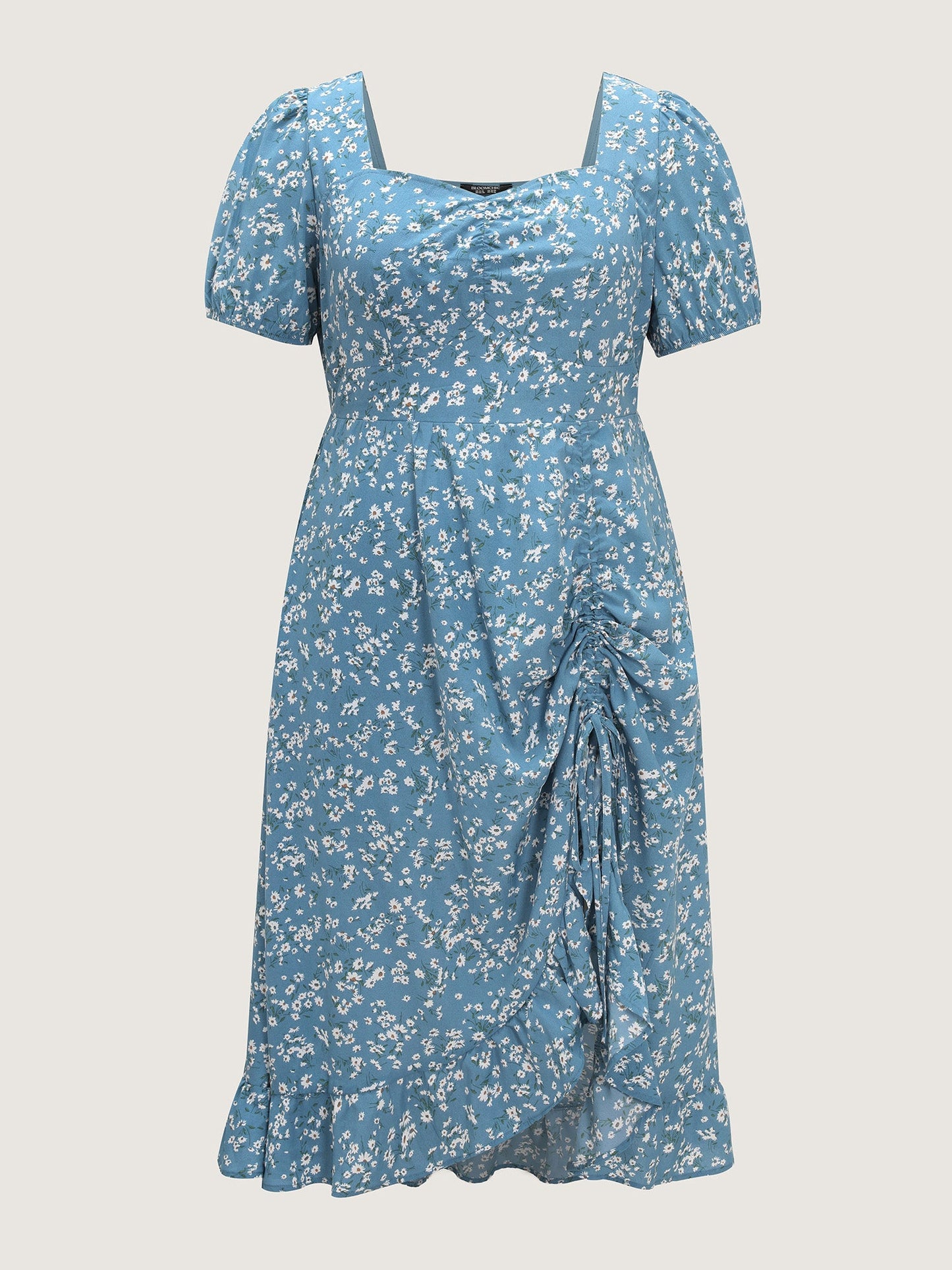 Floral Print Ruched Adjustable Drawstring Hem Midi Dress