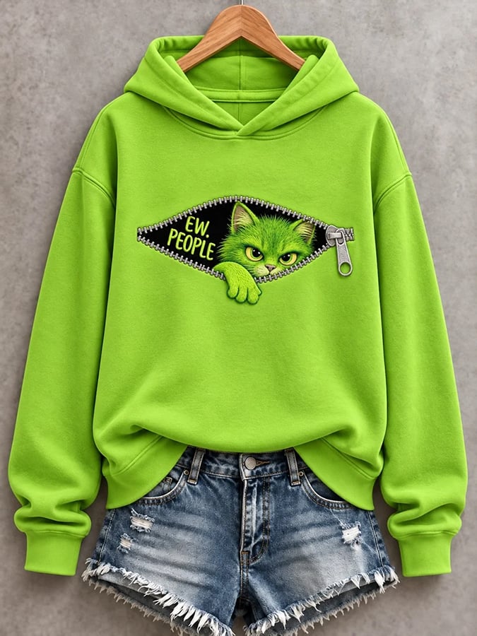 Women's Christmas Funny Cat Ew,People Print Casual Hoodie