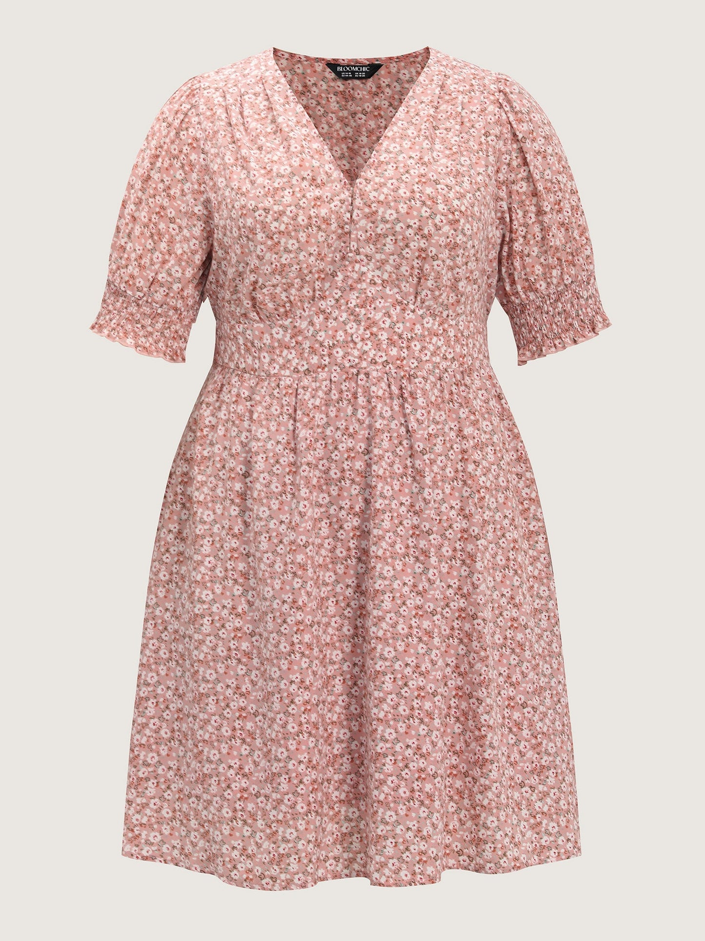 Sweet Floral Print Shirred Cuffs Pockets Midi Dress
