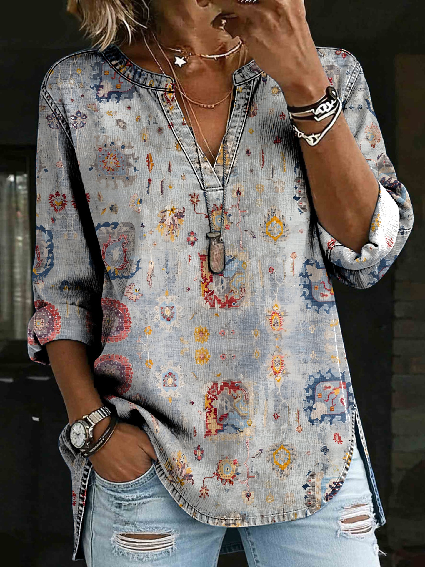 Women's Vintage Paisley Ethnic Art Print Denim V-neck Henley Long-sleeved Shirt