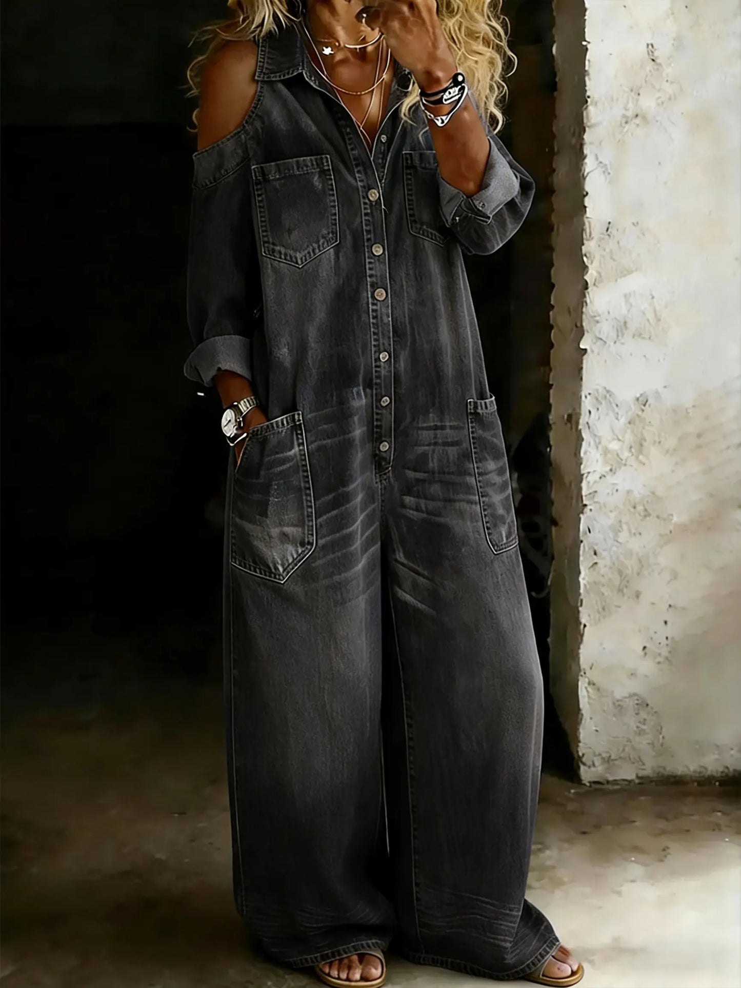 Women's Casual Off-shoulder Denim Jumpsuit