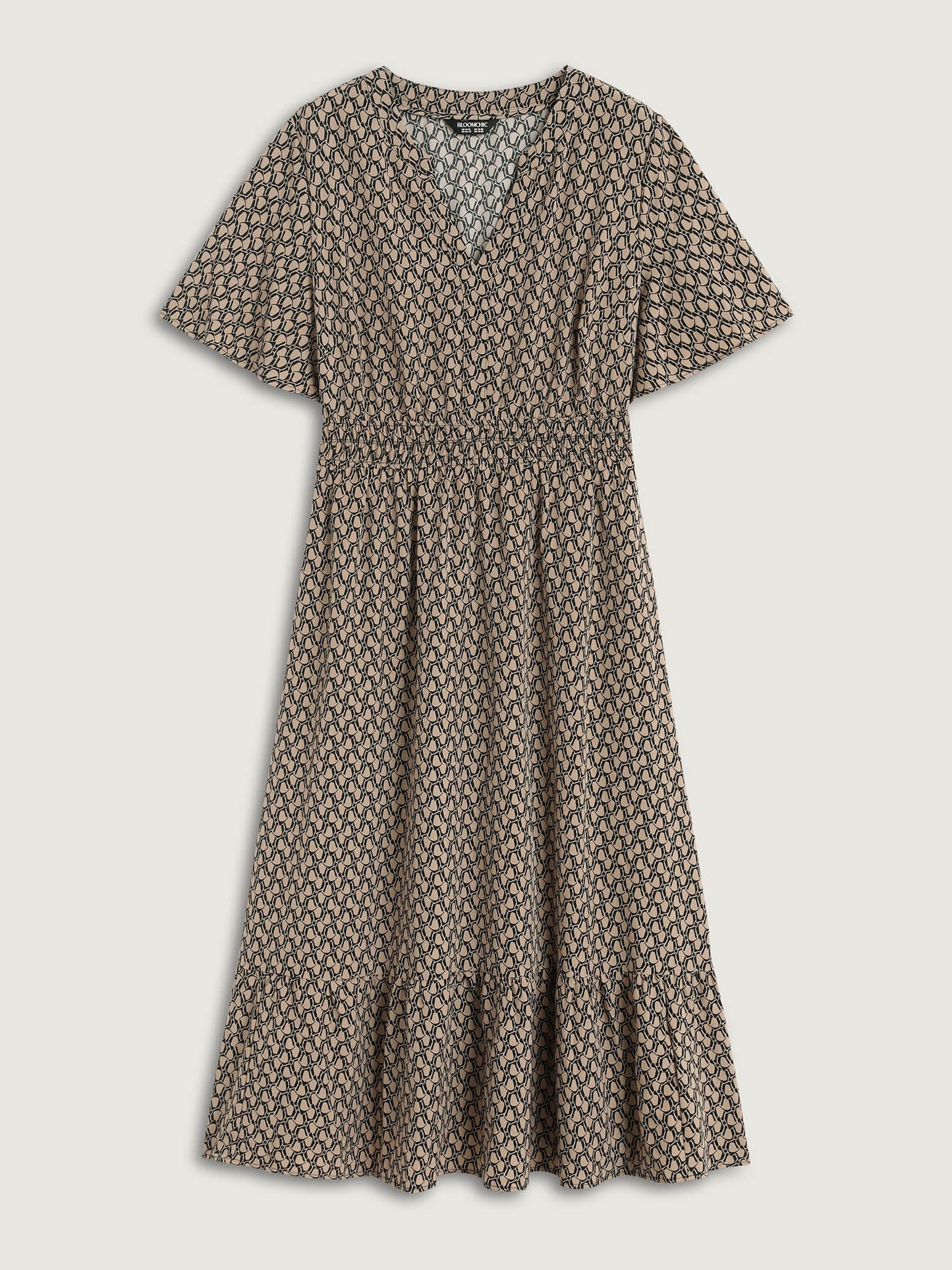 Geometric Print Waist-Cinched Tiered Midi Dress