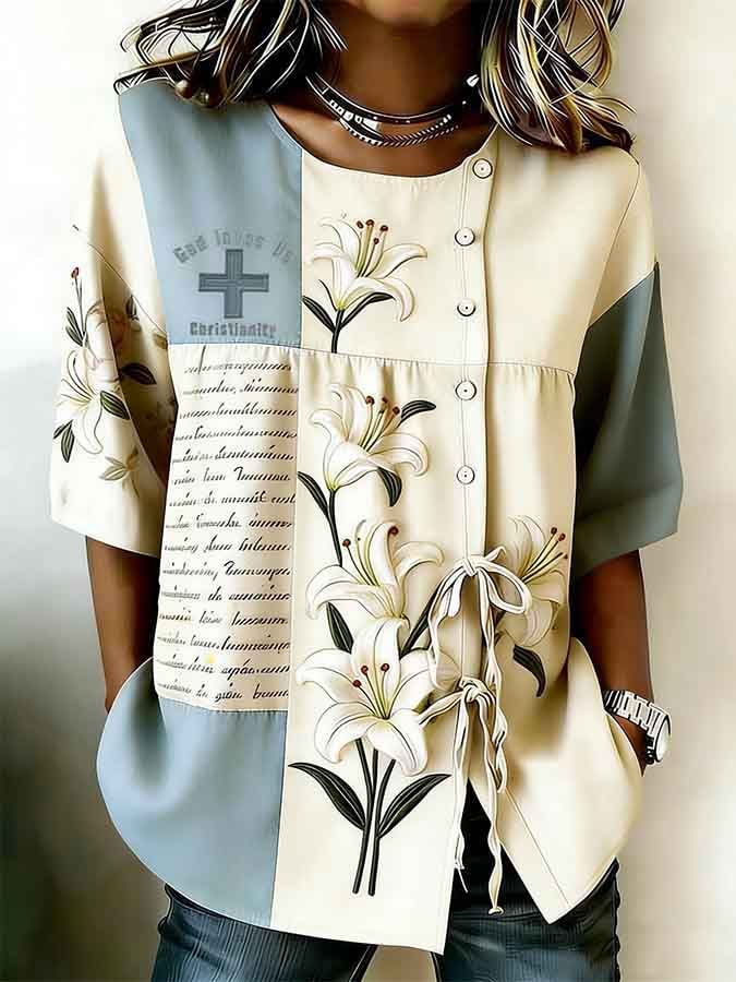 Women's Retro God Loves Us Christianity Faith Floral Print Top