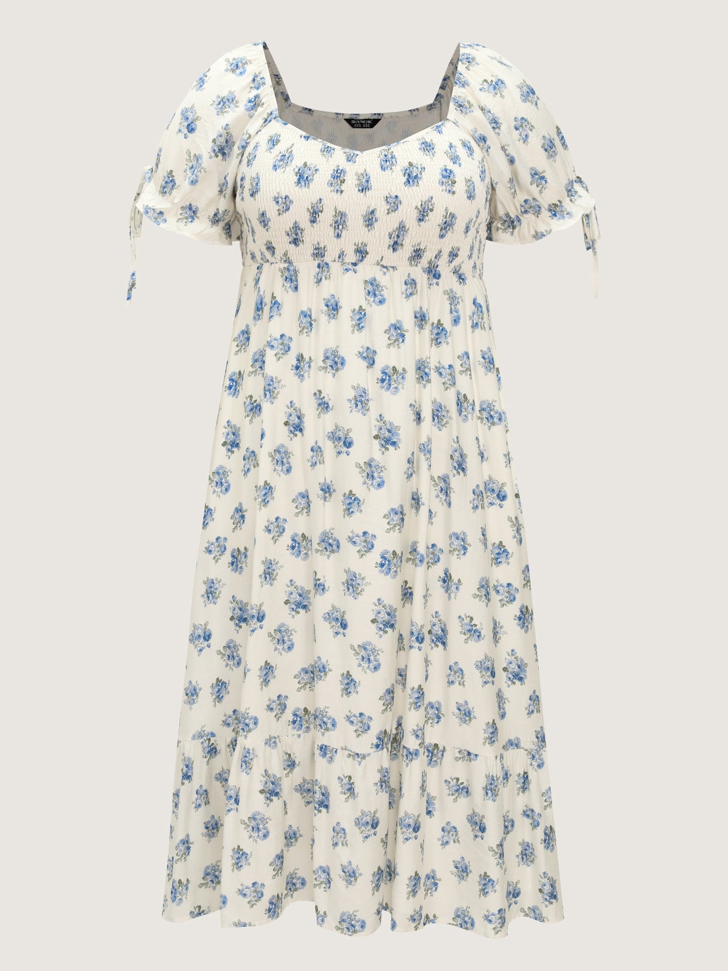 Floral Print Shirred Bodice Sleeve-Tie Maxi Dress