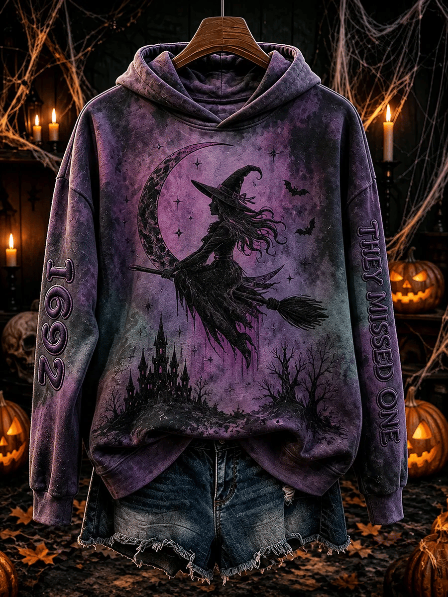 Women's Retro 1692 They Missed One Witch Hat & Cat Printed Hoodie