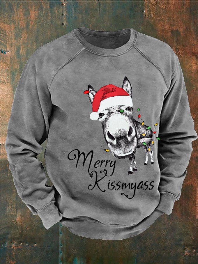 Men's Funny Merry Christmas Merry Kiss My Ass Donkey Printed Sweatshirt