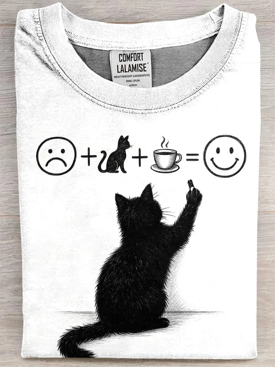 Fun Cat Cafe Print Cotton Short Sleeved T-shirt